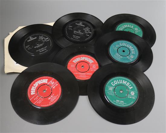 Seven vinyl 45rpm records incl Beatles, Shadows, Acker Bilk & Adam Faith